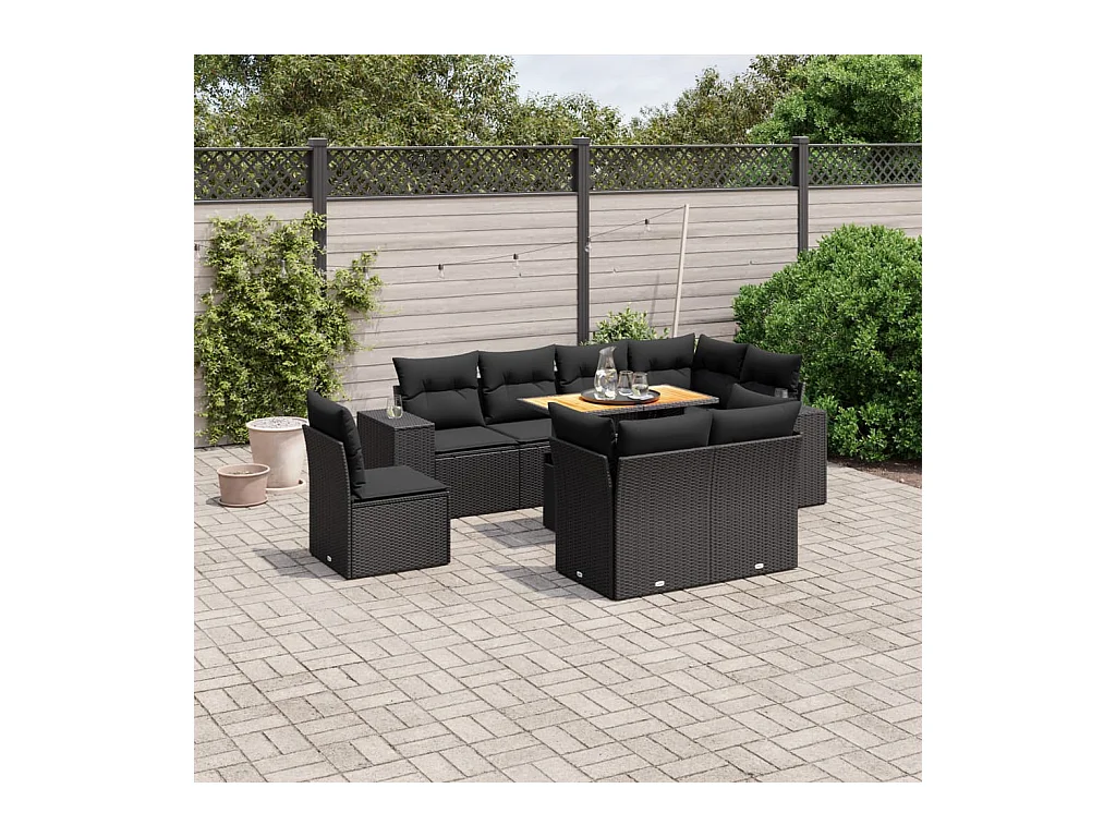 Salon de jardin 9 pcs avec coussins noir résine tressée