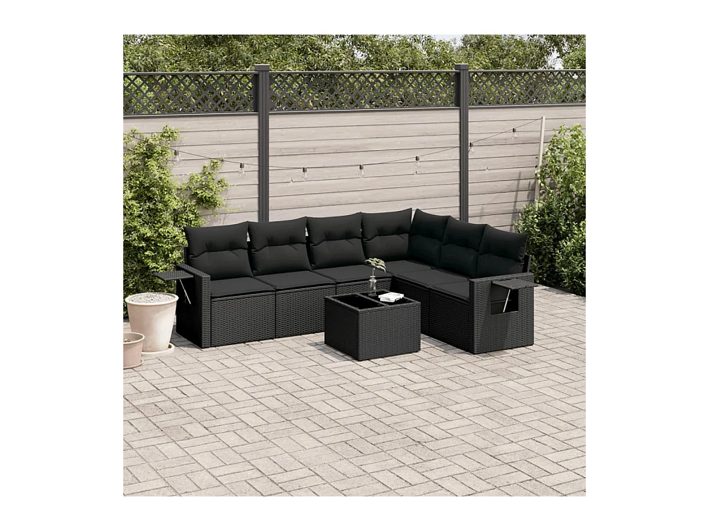 Salon de jardin 7 pcs avec coussins noir résine tressée