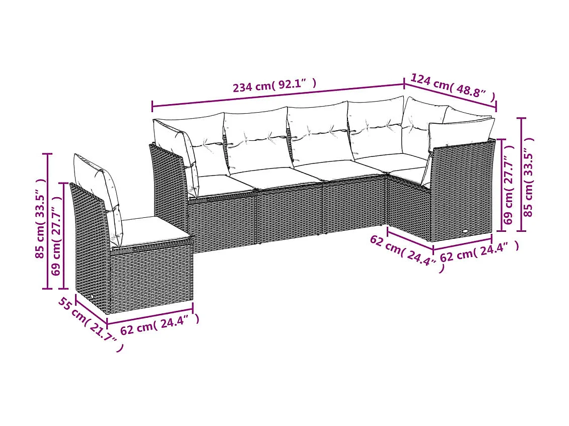 6 pcs conjunto de sofás p/ jardim com almofadões vime PE bege