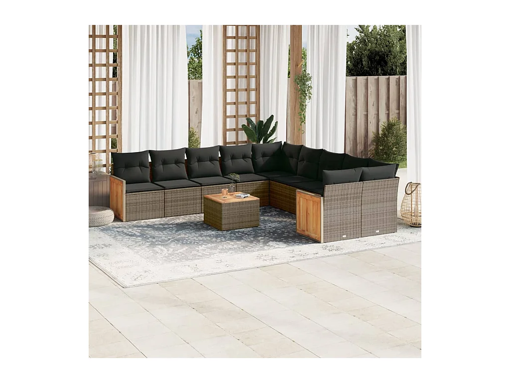 Salon de jardin 11 pcs avec coussins gris résine tressée