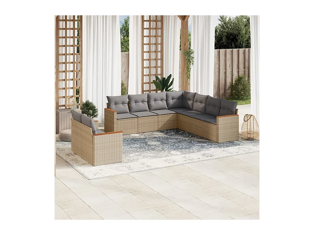 9-tlg. Garten-Sofagarnitur mit Kissen Beige Poly Rattan