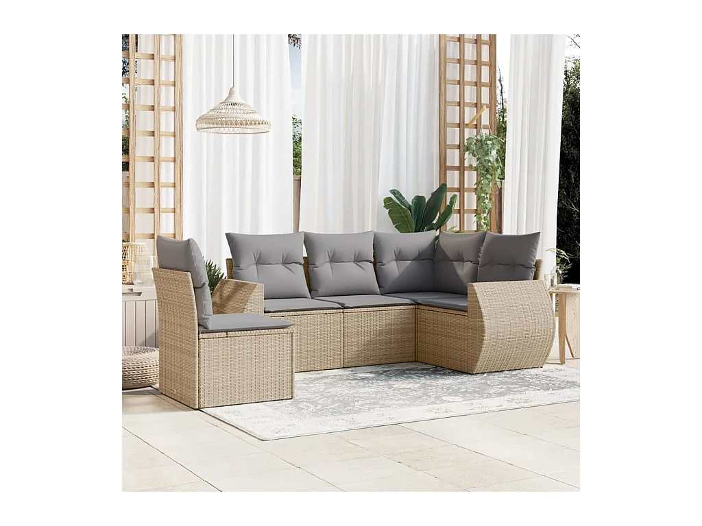 Salon de jardin avec coussins 5 pcs beige résine tressée