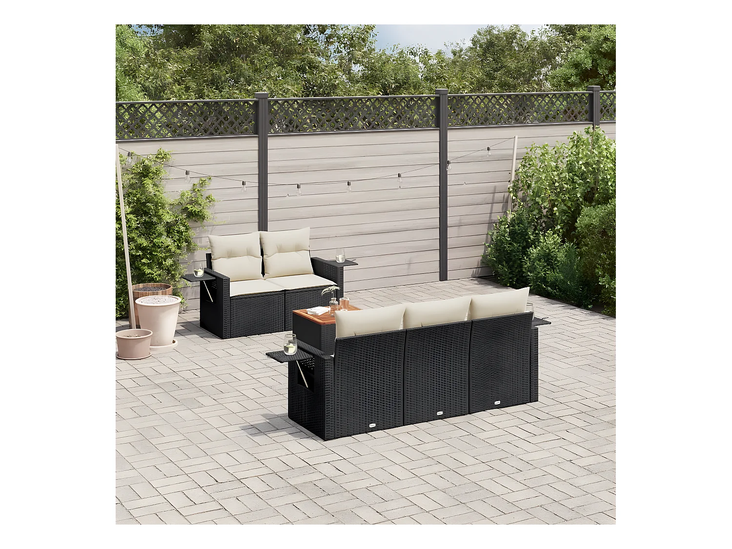 Salon de jardin 6 pcs avec coussins noir résine tressée
