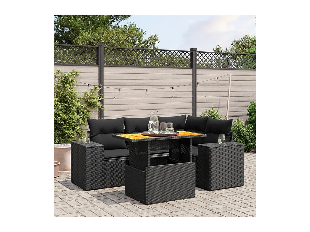 Salon de jardin 5 pcs avec coussins noir résine tressée