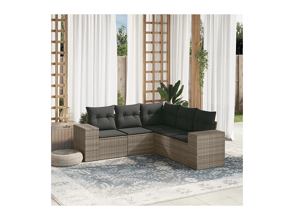 Set Divano da Giardino 5 pz con Cuscini Grigio in Polyrattan