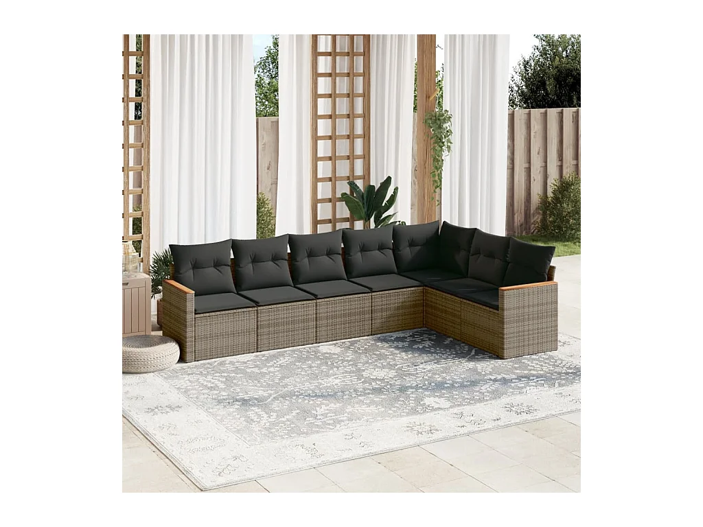 7-delige Loungeset met kussens poly rattan grijs