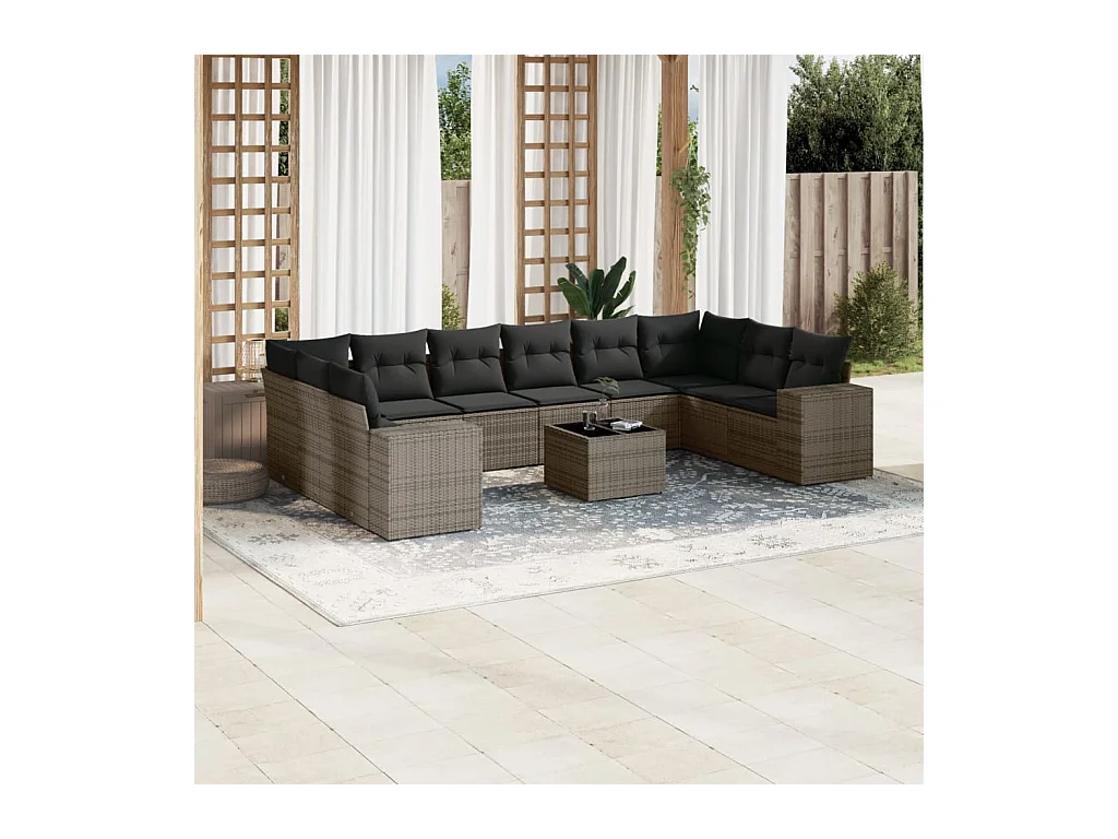 Salon de jardin 11 pcs avec coussins gris résine tressée