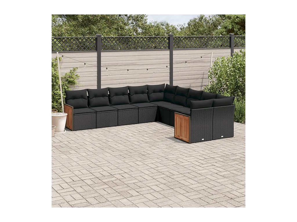 Salon de jardin 10 pcs avec coussins noir résine tressée