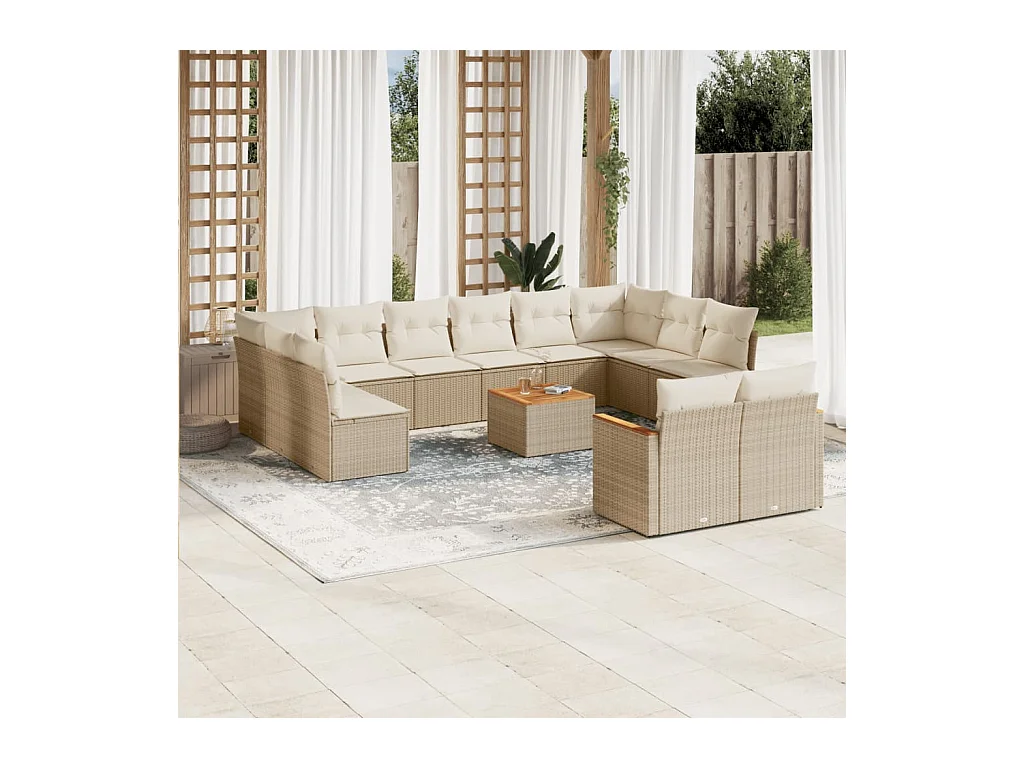 13-tlg. Garten-Sofagarnitur mit Kissen Beige Poly Rattan