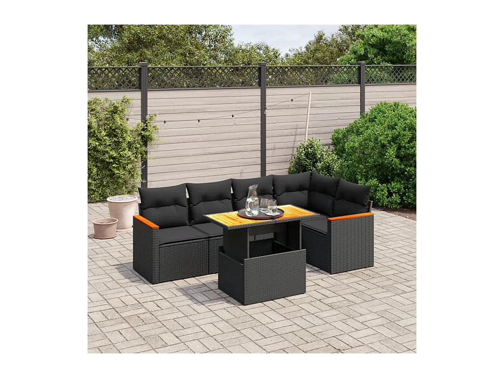 Set de sofás de jardín 6 piezas y cojines ratán sintético negro
