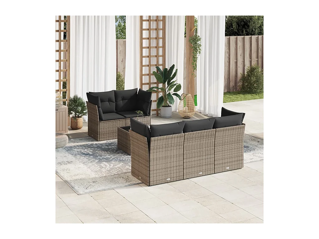 6-delige Loungeset met kussens poly rattan grijs