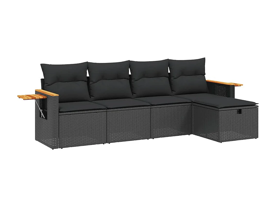 5 pcs conjunto sofás de jardim com almofadões vime PE preto