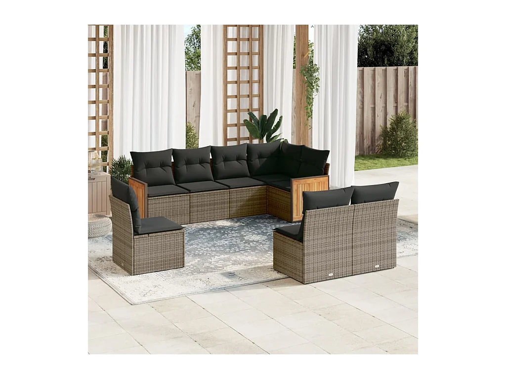 Salon de jardin 8 pcs avec coussins gris résine tressée