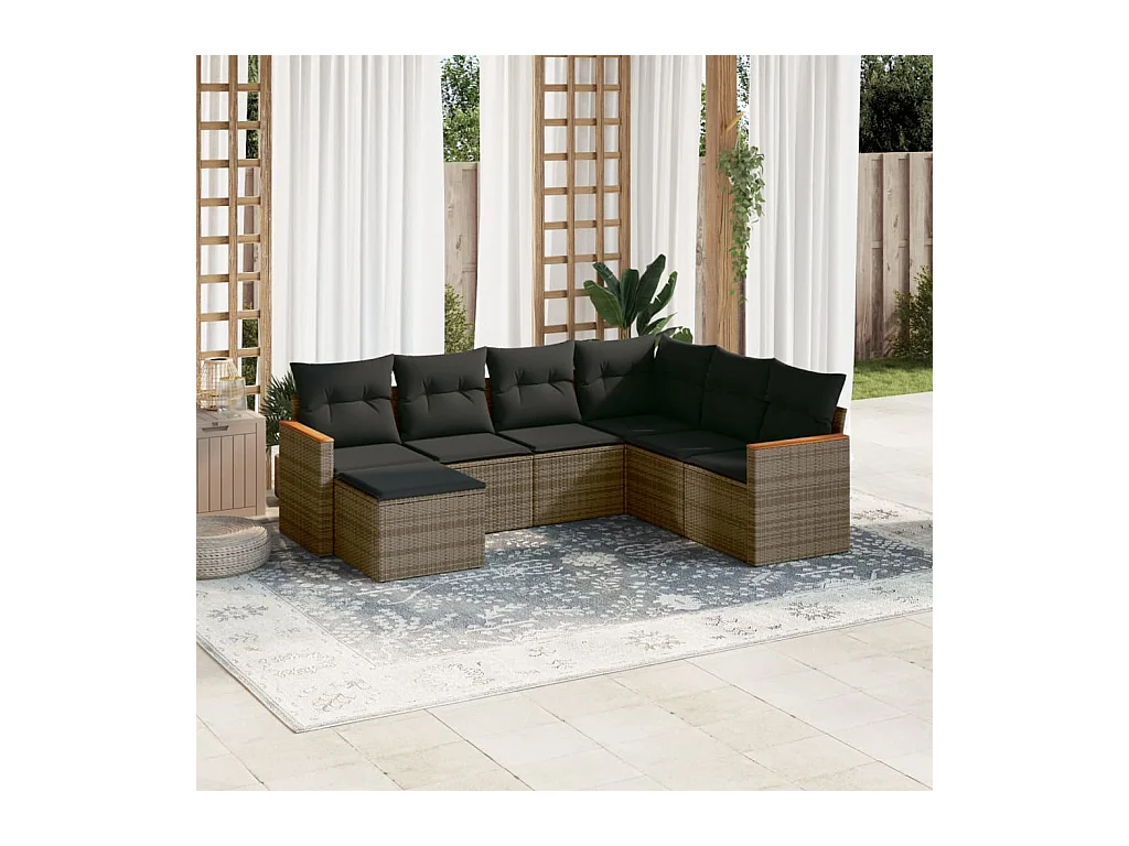 Salon de jardin avec coussins 7 pcs gris résine tressée