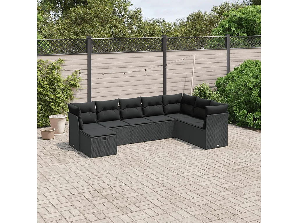 8-tlg. Garten-Sofagarnitur mit Kissen Schwarz Poly Rattan