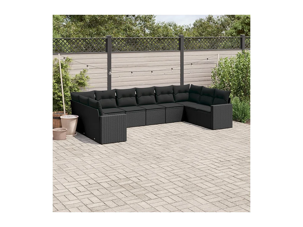 10-tlg. Garten-Sofagarnitur mit Kissen Schwarz Poly Rattan