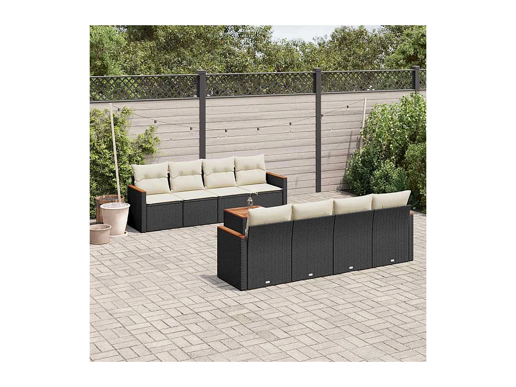 9-delige Loungeset met kussens poly rattan zwart