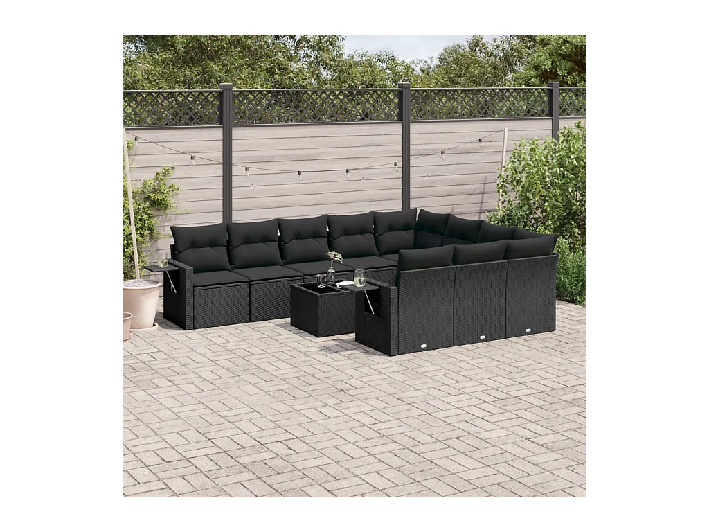 Salon de jardin 11 pcs avec coussins noir résine tressée
