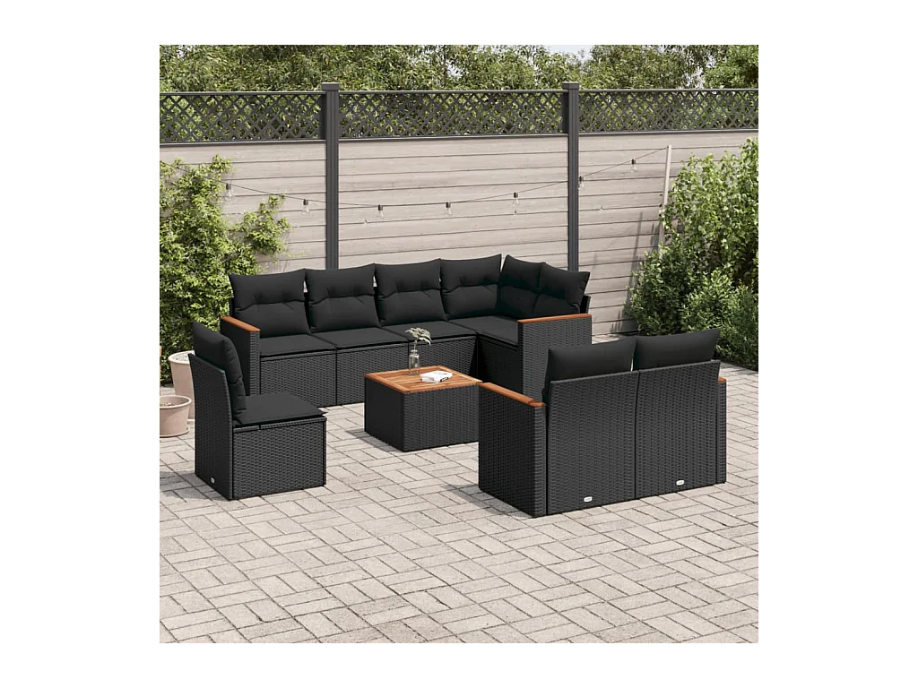 9-tlg. Garten-Sofagarnitur mit Kissen Schwarz Poly Rattan