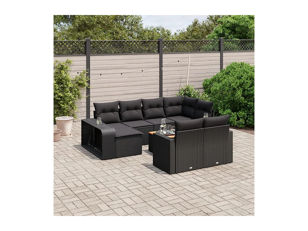 Salon de jardin 11 pcs avec coussins noir résine tressée