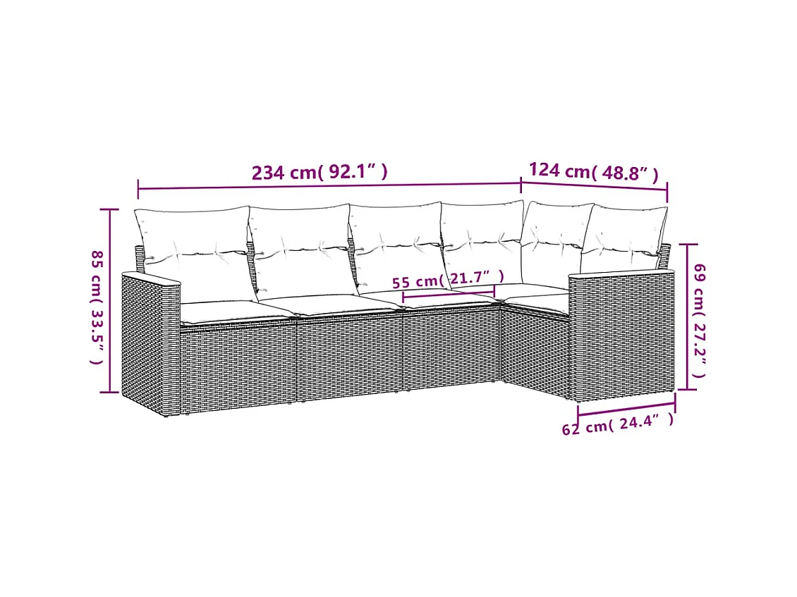 Set Divano da Giardino 5 pz con Cuscini Grigio in Polyrattan
