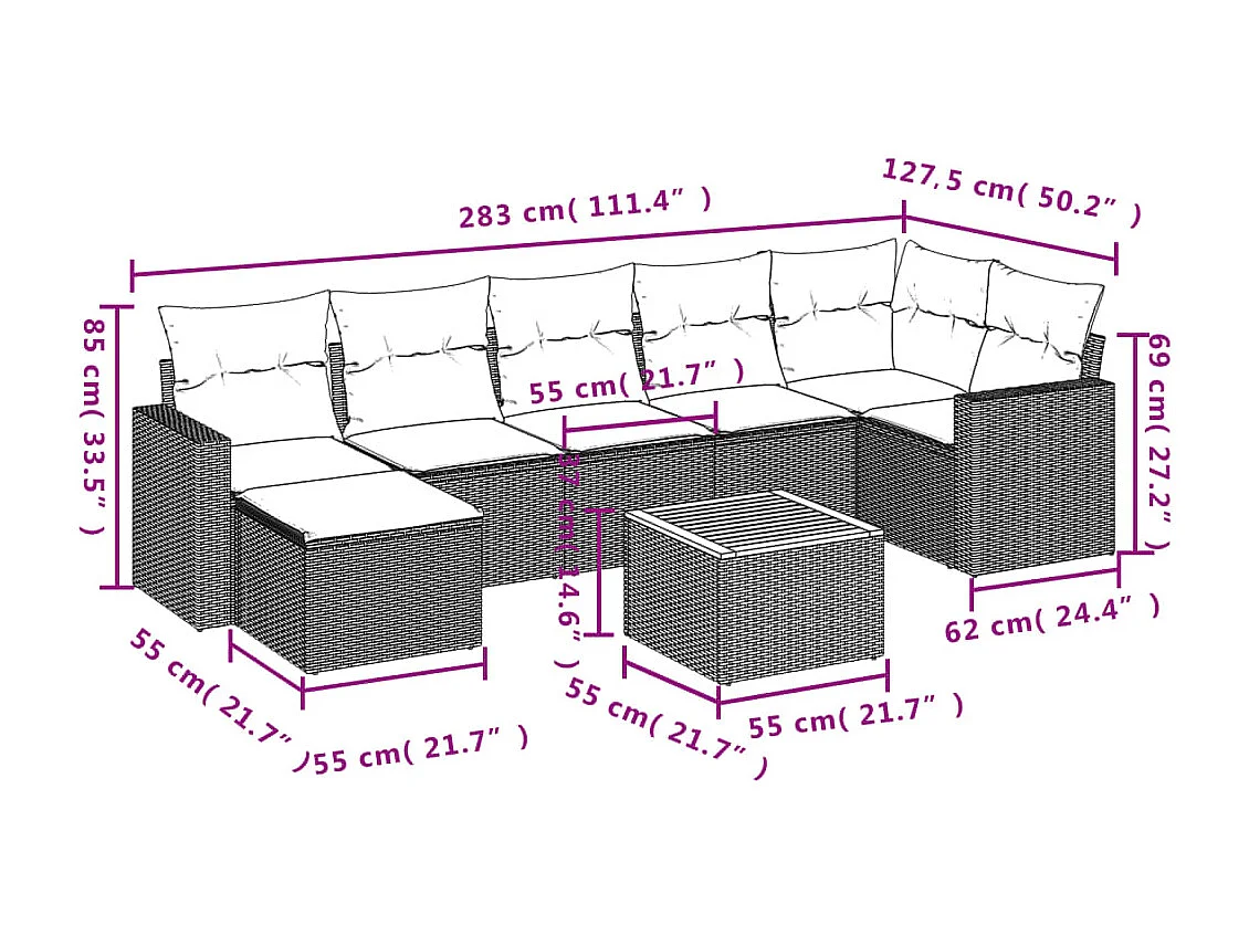 8 pcs conj. sofás jardim c/ almofadões vime PE bege misturado