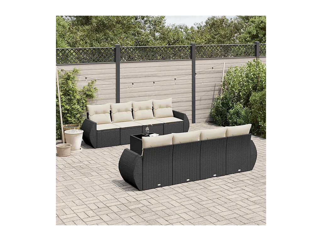 Set de sofás de jardín 8 piezas y cojines ratán sintético negro