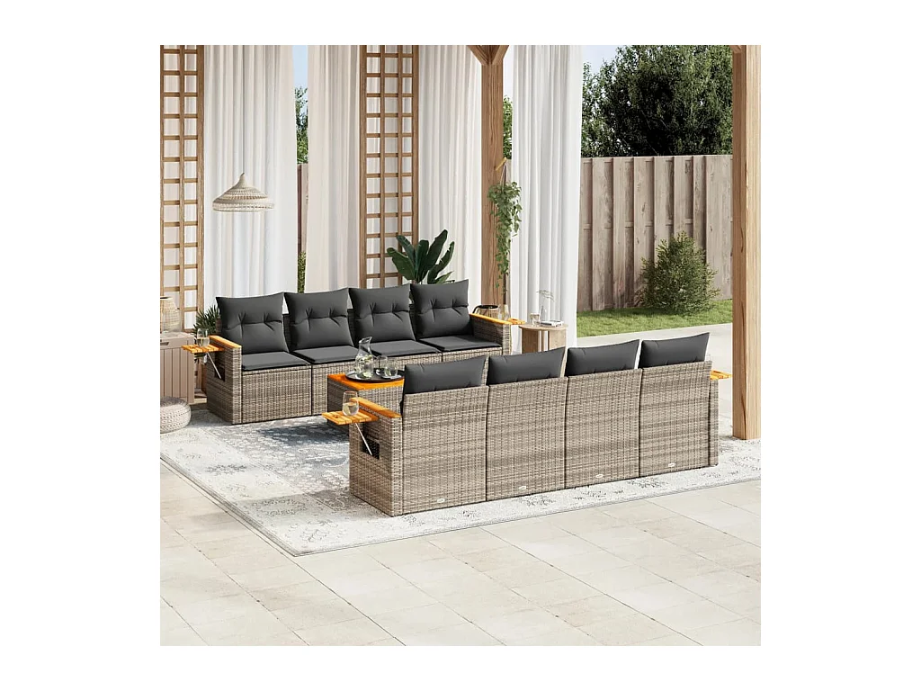 Set Divano da Giardino 9 pz con Cuscini Grigio in Polyrattan