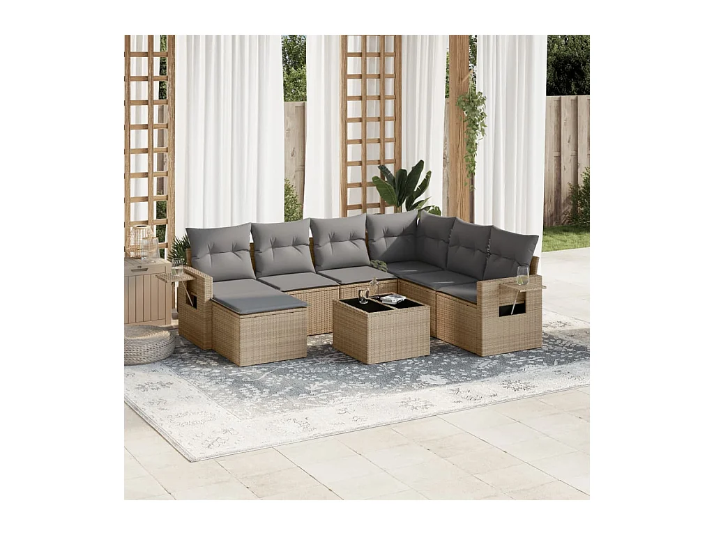Salon de jardin avec coussins 8 pcs beige résine tressée