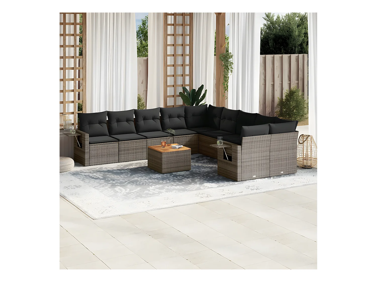 Set de sofás de jardín 11 pzas y cojines ratán sintético gris