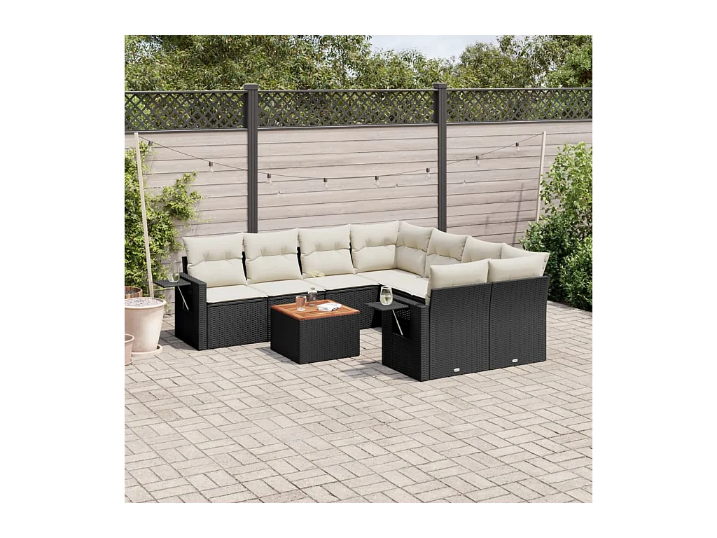 Set Divani da Giardino 9 pz con Cuscini Nero in Polyrattan