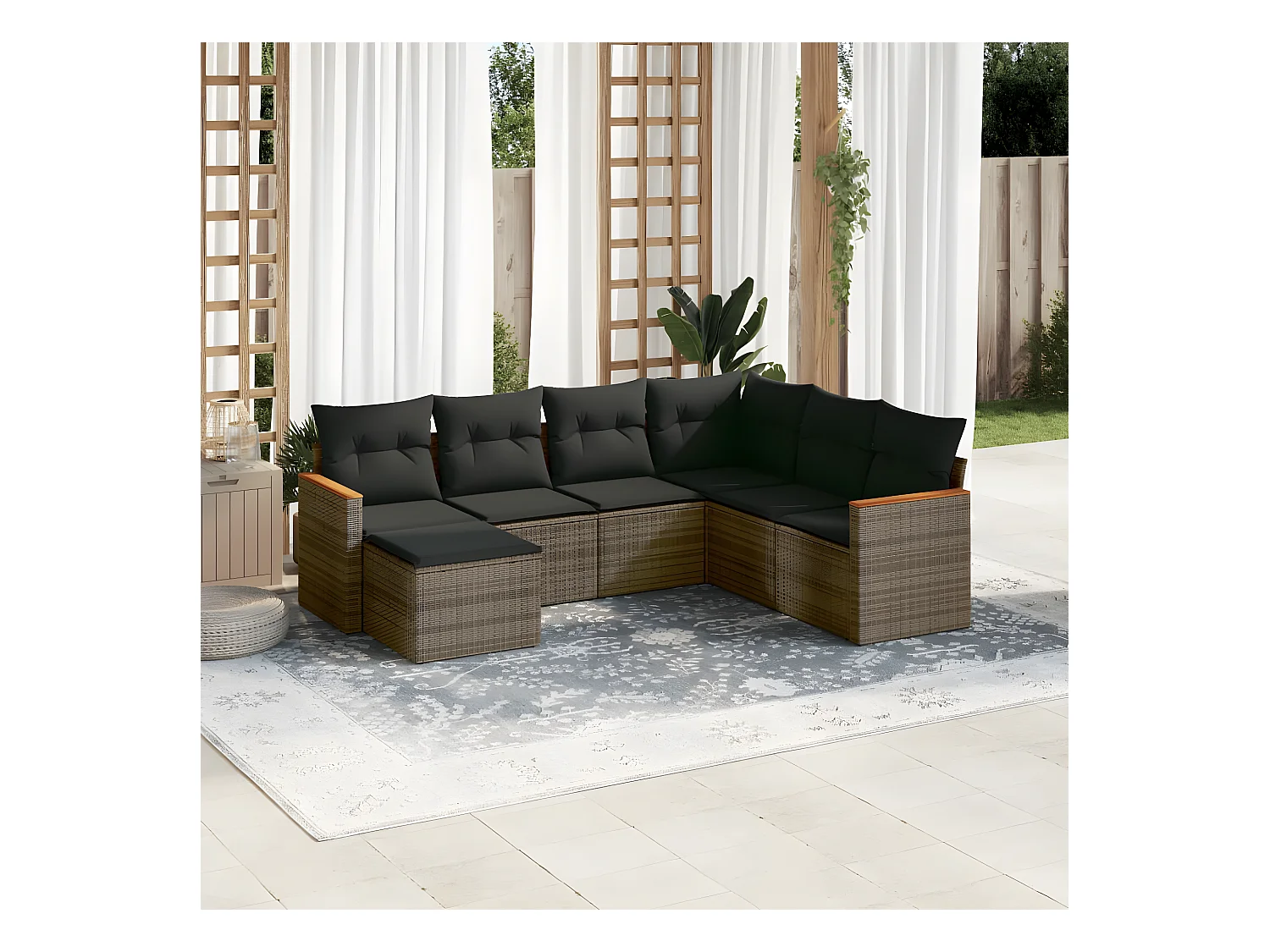 Set Divani da Giardino 7 pz con Cuscini Grigio in Polyrattan