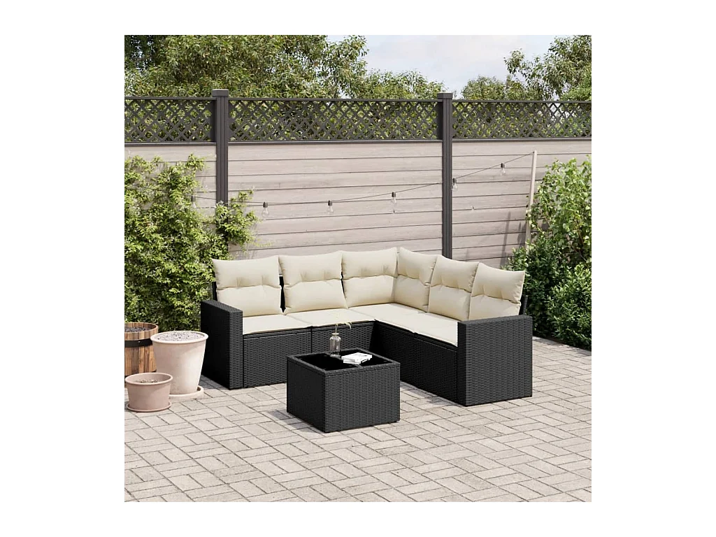 Salon de jardin 6 pcs avec coussins noir résine tressée