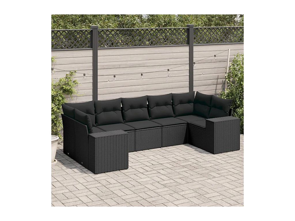 Salon de jardin 7 pcs avec coussins noir résine tressée