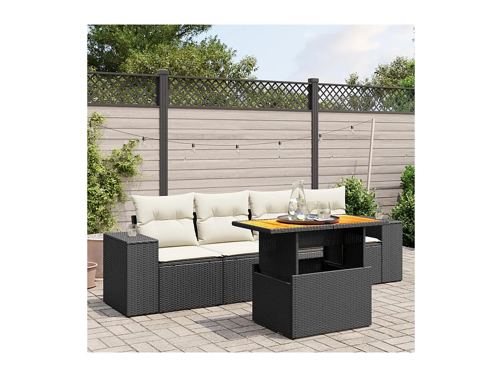 Salon de jardin 5 pcs avec coussins noir résine tressée