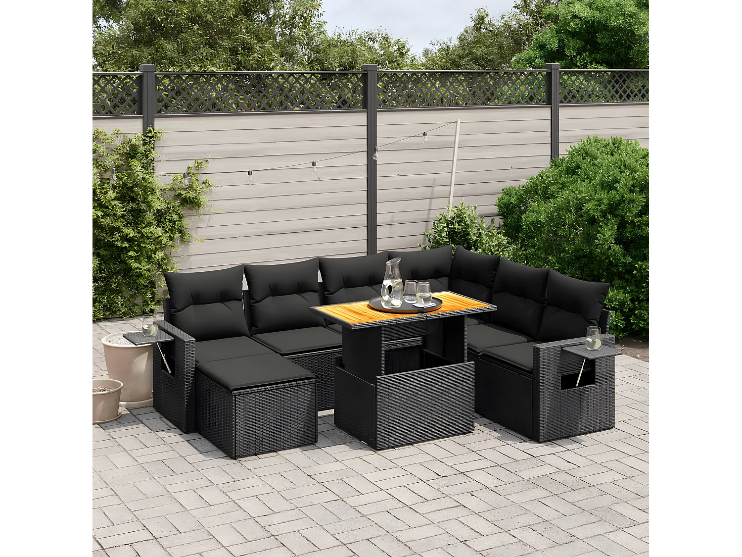 8-delige Loungeset met kussens poly rattan zwart