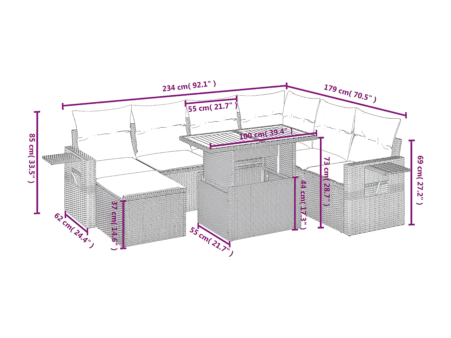 8-delige Loungeset met kussens poly rattan zwart