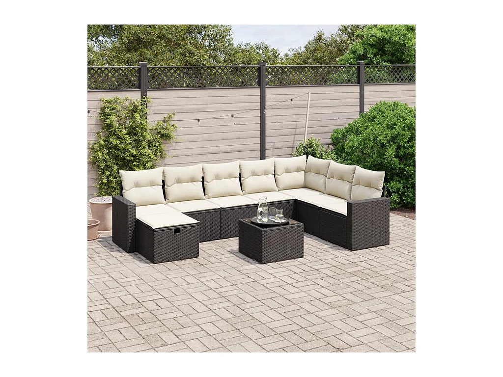 Salon de jardin 9 pcs avec coussins noir résine tressée