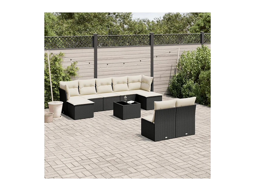 10-delige Loungeset met kussens poly rattan zwart