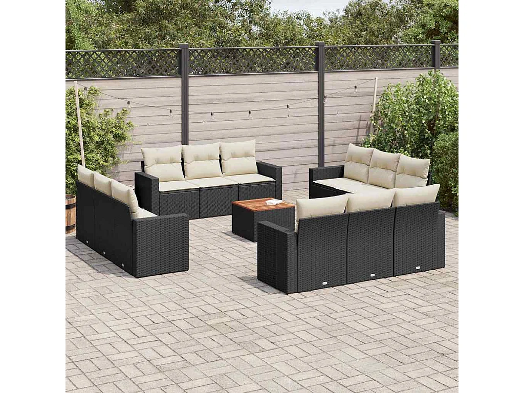 Salon de jardin avec coussins 13 pcs noir résine tressée