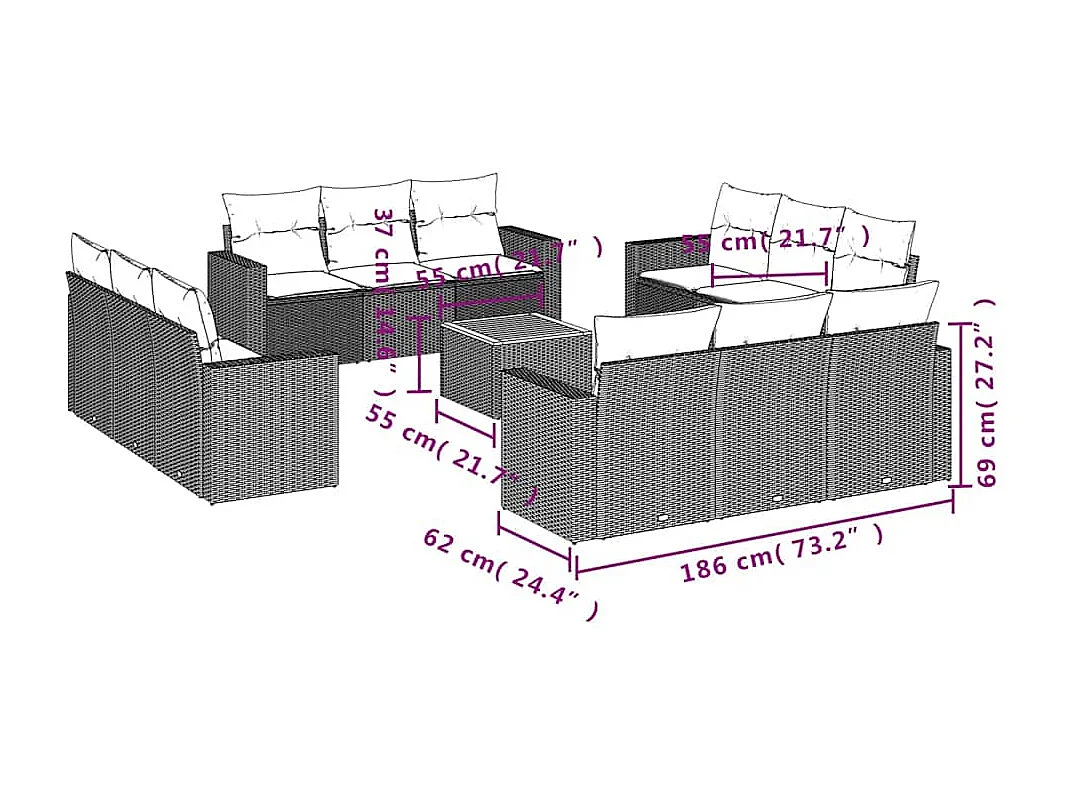 Salon de jardin avec coussins 13 pcs noir résine tressée