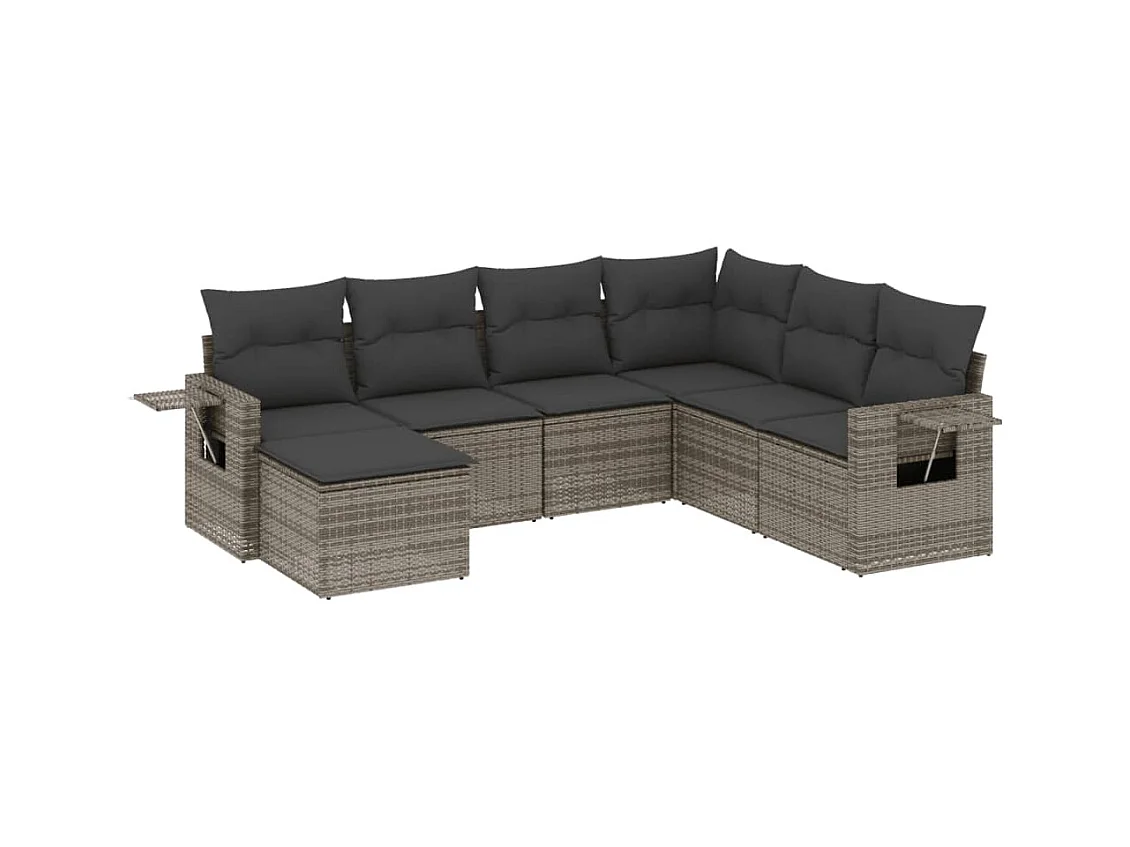 7-tlg. Garten-Sofagarnitur mit Kissen Grau Poly Rattan