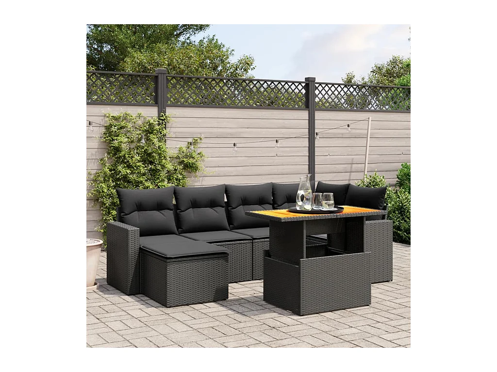 Salon de jardin 7 pcs avec coussins noir résine tressée