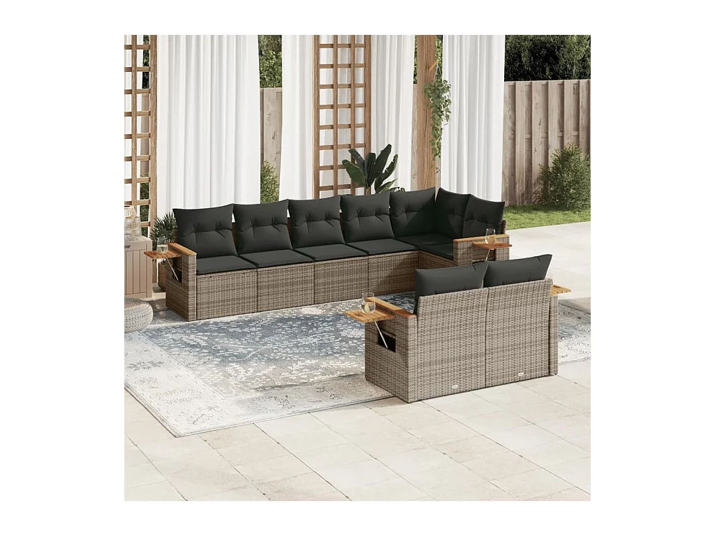 8-tlg. Garten-Sofagarnitur mit Kissen Grau Poly Rattan