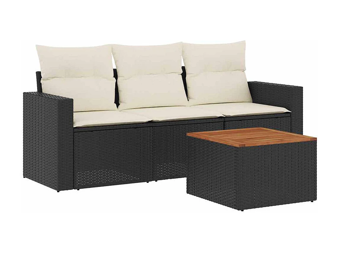 Salon de jardin 4 pcs avec coussins noir résine tressée