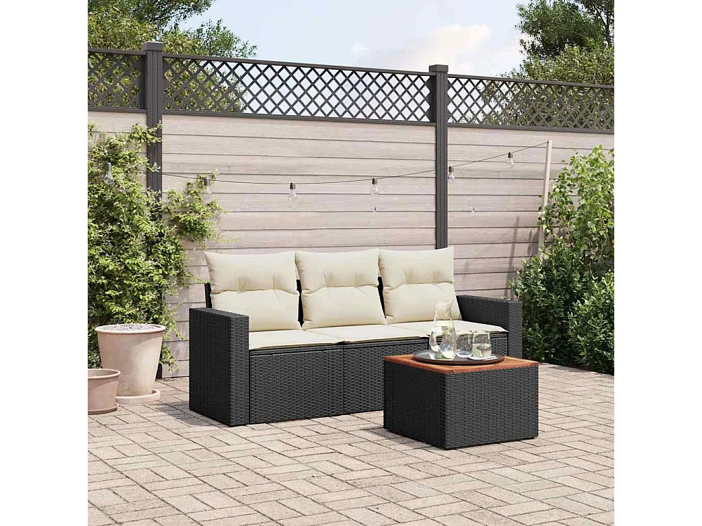 4 pcs conjunto de sofás para jardim c/ almofadões vime PE preto