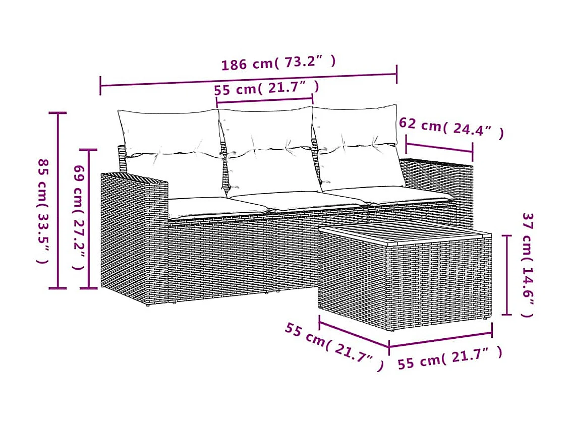 4 pcs conjunto de sofás para jardim c/ almofadões vime PE preto