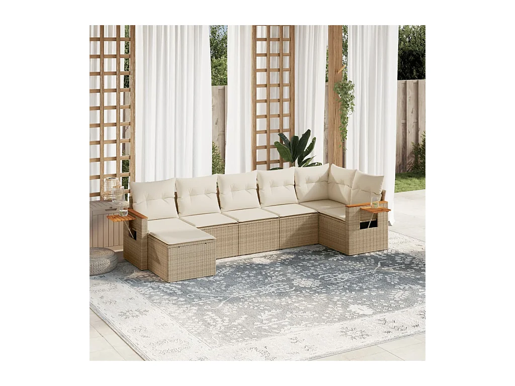 Salon de jardin avec coussins 7 pcs beige résine tressée