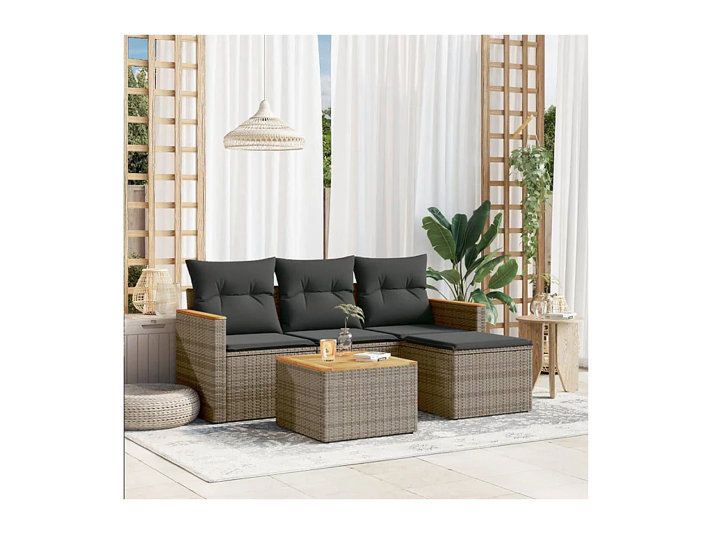 Salon de jardin 5 pcs avec coussins gris résine tressée