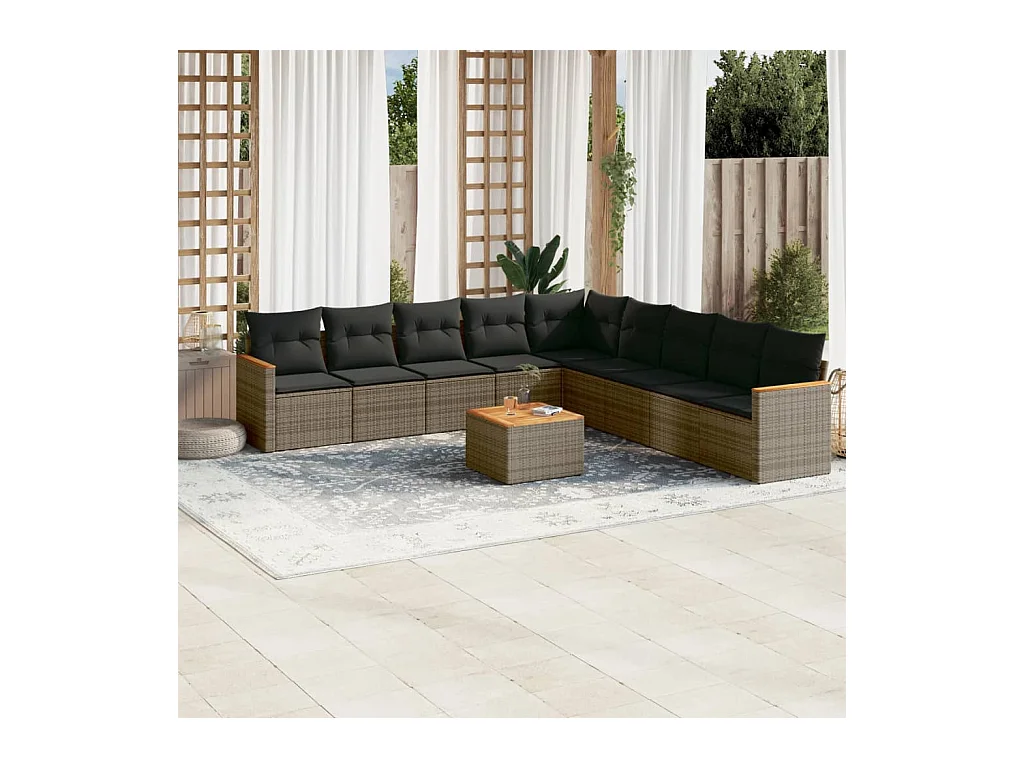 Salon de jardin avec coussins 10 pcs gris résine tressée